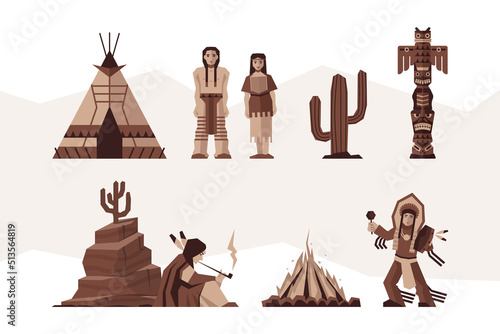 Flat vector set of Native American. Stylized characters in traditional clothes, teepee tent, totem and campfire.