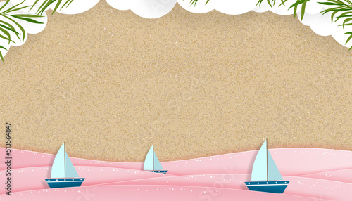 Flat lay Summer background with origami white clouds,boat sailing in pink ocean wave on sand beach,Vector illustration paper art style tropical summer design element for Summer vacation,Travel, Sale
