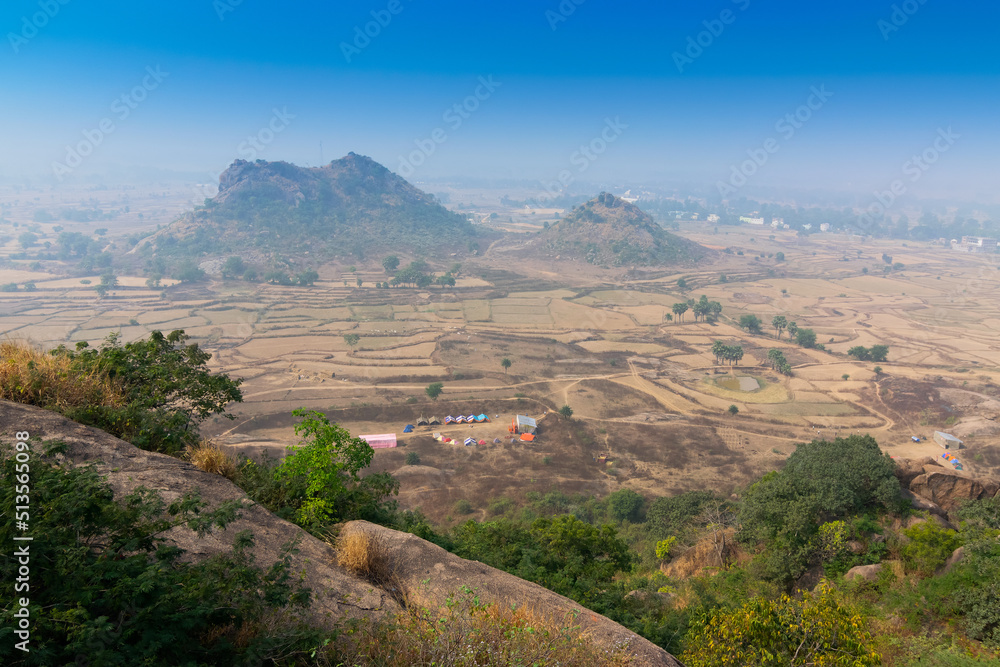 Joychandi Pahar - mountain - is a hill which is a popular tourist attraction in the Indian state of West Bengal in Purulia district. View of Purulia from the top of the hill in daytime with blue sky.