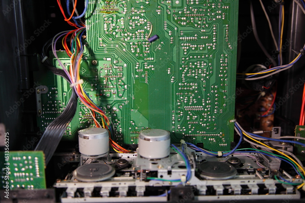 Old double cassette recorder magnetic tape drive mechanism on printed ...