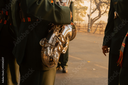 Indian army man playing saxophone. Shot in the morning, Kolkata, West Bengal, India.