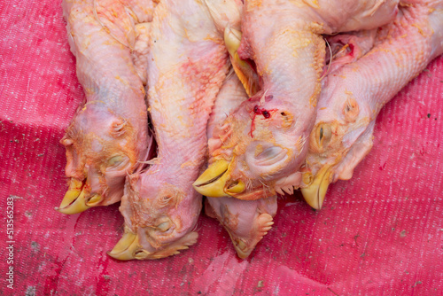 Chicken flesh put up on roadside display for sale. At Territy Bazar, Kolkata, West Bengal, India.