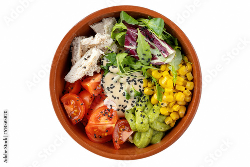 Meat poke bowl, with Chicken breast, cucumbers, tomatoes, corn.