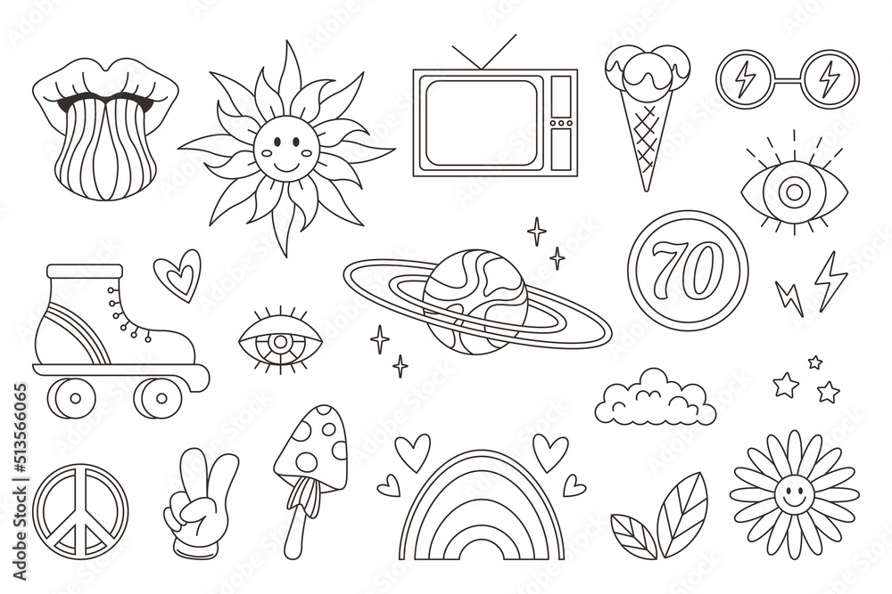 Retro 1960-1969 groovy set. Psychedelic groovy collection - chamomile, rainbow, mushroom, roller, and other. Hippie vector doodle. Retro 1960-1969 groovy set. Psychedelic groovy collection - chamomile, rainbow, mushroom, roller, and other. Hippie vector doodle.