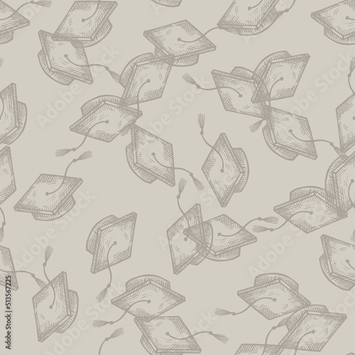 Graduate hats engraved seamless pattern. Vintage element education in hand drawn style.