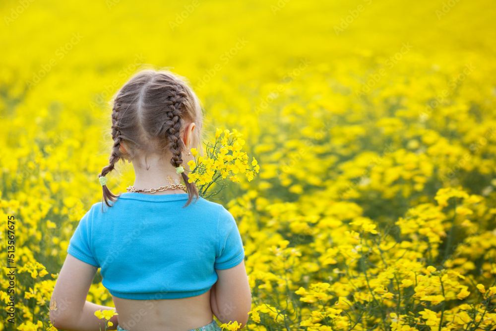 Fototapeta premium Cute little girl running through yellow rape flowewrs field. Girl in blue dress hands raised to side enjoys nature having fun jogging through meadow at sunny day. Back view.