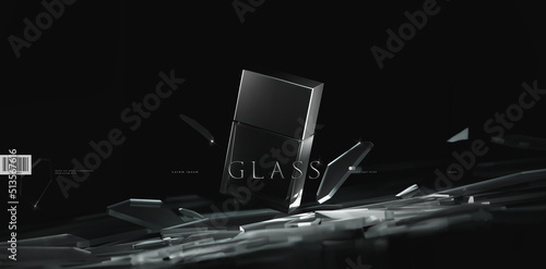 Elegant product presentation scene template with realistic shattered glass in motion