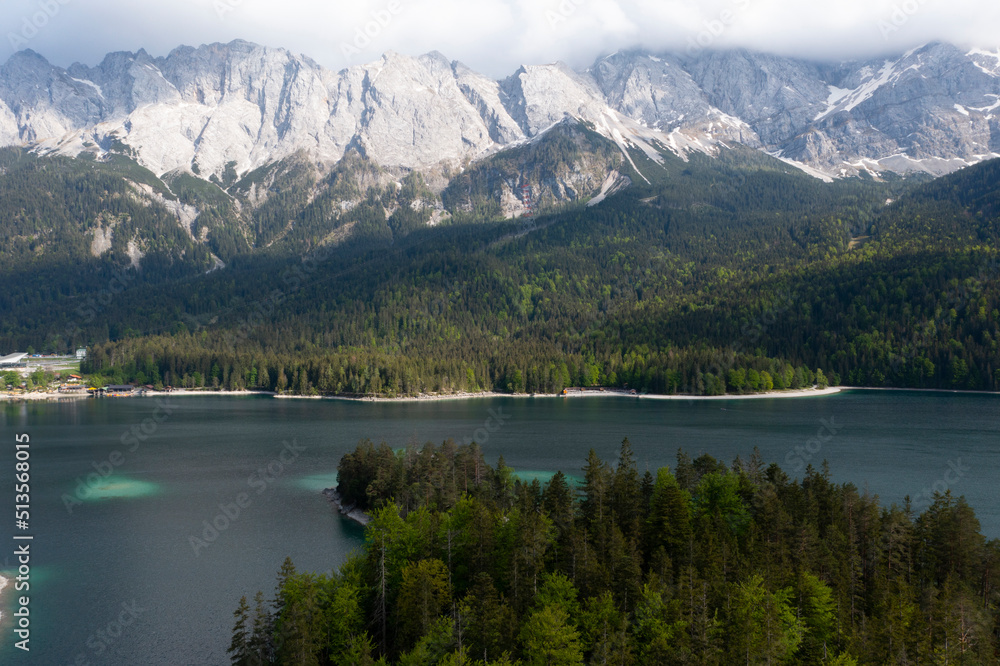 View on the beautiful Zugspitze mountain and the Eibsee in Bavaria, Germany