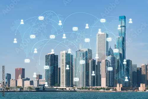 City view, downtown skyscrapers, Chicago skyline panorama over Lake Michigan, harbor area, day time, Illinois, USA. Social media hologram. Concept of networking and establishing new people connections