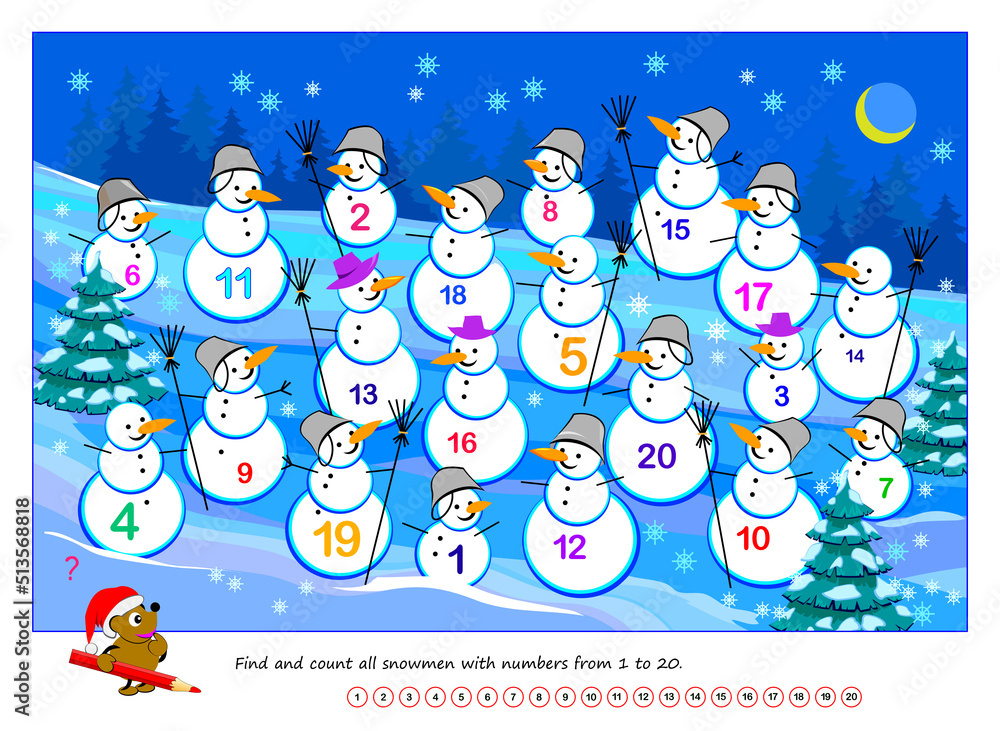 vetor-do-stock-logic-puzzle-game-for-kids-find-and-count-all-snowmen