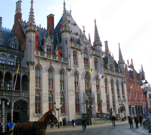 Bruges, Flemish region, Belgium- 10.20.2010. Provinciaal Hof Brugge, Market Square Bruges, The building of the Government of the Province of West Flanders, a beautiful old building in the Gothic style