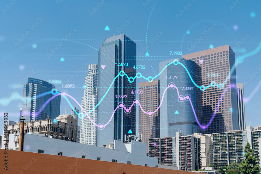 Panorama cityscape of Los Angeles downtown at day time, California, USA. Skyscrapers of LA city. Glowing forex graph hologram. The concept of internet trading, brokerage and fundamental analysis Panorama cityscape of Los Angeles downtown at day time, California, USA. Skyscrapers of LA city. Glowing forex graph hologram. The concept of internet trading, brokerage and fundamental analysis