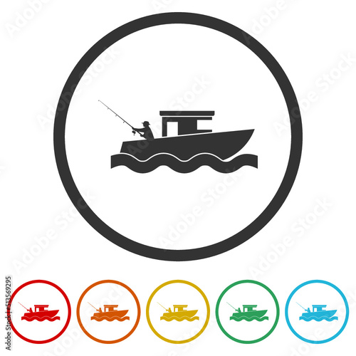 Fishing boat icons in color circle buttons