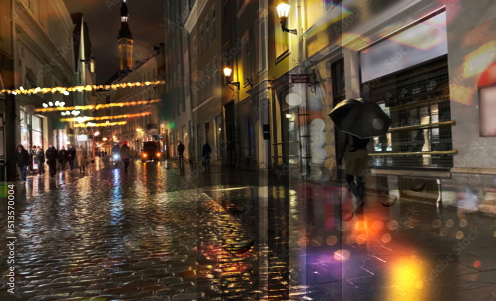 Obraz premium Autumn rainy season city night light street reflection people walk with umbrellas Tallinn old town medieval buildings blurred wet pavement red yellow bokeh vew from window urban lifestyle trave
