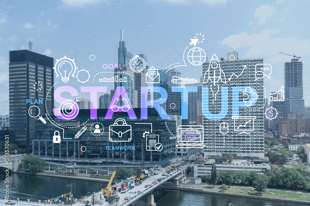 Naklejka premium Aerial panorama city view of Philadelphia financial downtown at day time, Pennsylvania, USA. Startup company, launch project to seek, develop and validate scalable business model, hologram