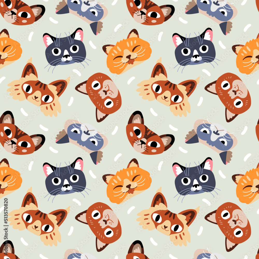 Seamless vector pattern with cats. Colorful texture with funny animal faces for prints, fabrics, backgrounds and children industries. Surface design. Cat's day. Hand drawn flat doodle illustration 