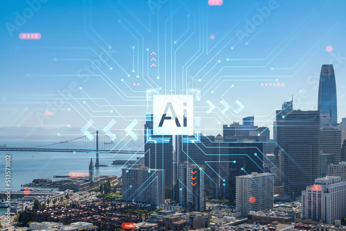 San Francisco skyline from Coit Tower to Financial District and residential neighborhoods  California  US. Artificial Intelligence concept  hologram. AI  machine learning  neural network  robotics
