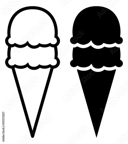 Ice cream cone with two scoop outline and silhouette icon set. Ice vector illustration isolated on white background.