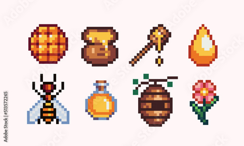 Honey products pixel art set. Honeycomb, bee, jars, hive collection. 8 bit sprite. Game development, mobile app.  Isolated vector illustration.