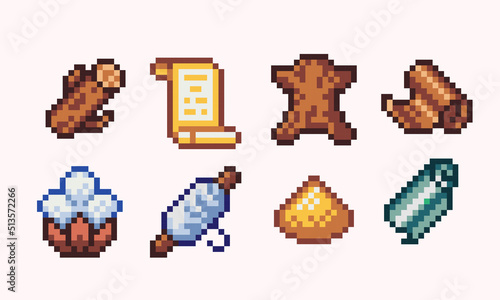 Different resources pixel art set. Material collection. Fabric, leather, glass, wood, sand and cotton. 8 bit sprite. Game development, mobile app.  Isolated vector illustration.