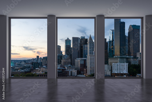 Empty room Interior Skyscrapers View. Cityscape Downtown Seattle City Skyline Buildings from High Rise Window. Beautiful Real Estate. Sunset. 3d rendering.