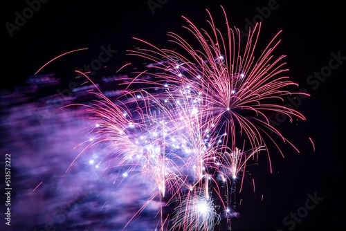 Fireworks in the foreground that color the night sky