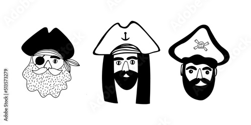 Hand drawn set of pirate faces. Black and white icons set. Vector illustration