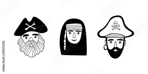Hand drawn set of pirate faces. Black and white icons set. Vector illustration
