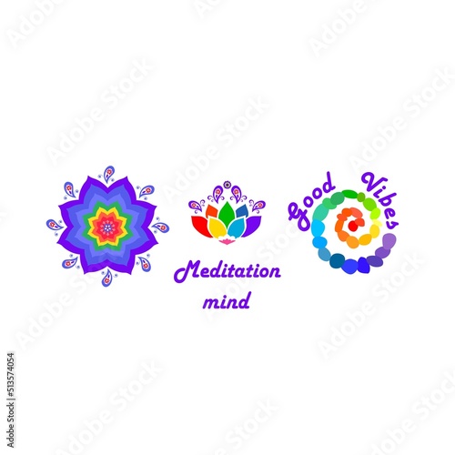 Logo template collection for yoga center, Ayurveda, meditation, wellness and spa salon with colorful mandala in chakra color, Lotus flower icon, colorful pebbles spiral for chakra healing on white bac