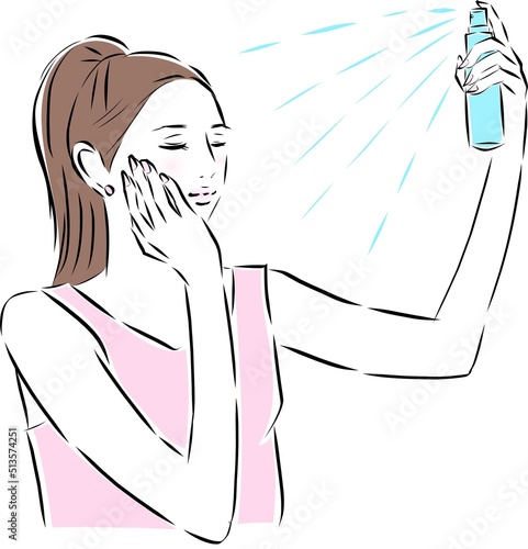 保湿スプレーをする女性　ミストをする女性