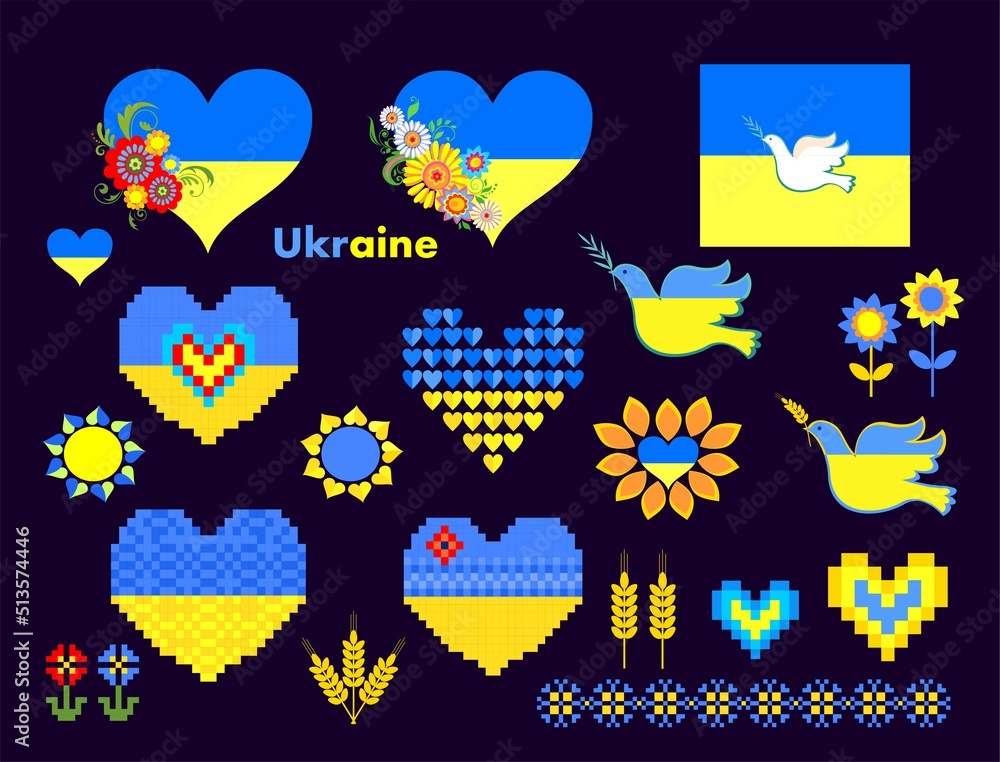 Simple print for stickers, poster and banner design with Ukraine element set. Heart shapes with Ukraine national flag colors, pigeon, wheat ears and sunflowers