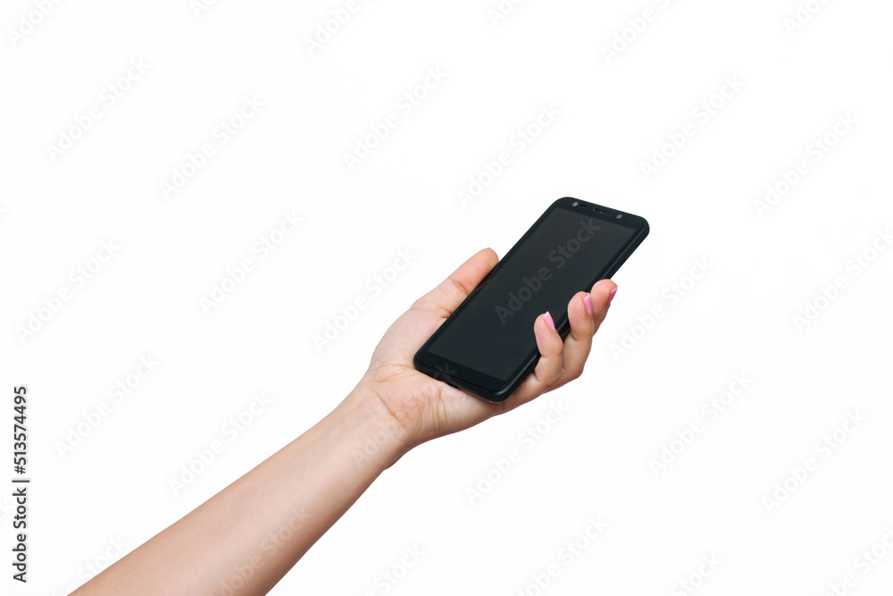 Mobile phone with black screen in female hand isolated on a white background. Blank with empty copy space for text. Template for the design. Mockup of a smartphone. A young woman using phone Mobile phone with black screen in female hand isolated on a white background. Blank with empty copy space for text. Template for the design. Mockup of a smartphone. A young woman using phone