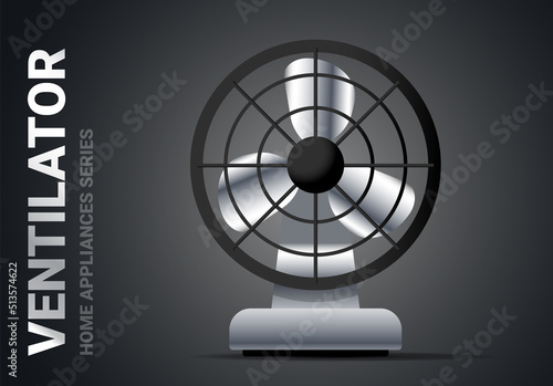 Vector realistic illustration of silver color desktop fan on dark background. 3d style shine ventilator appliances design