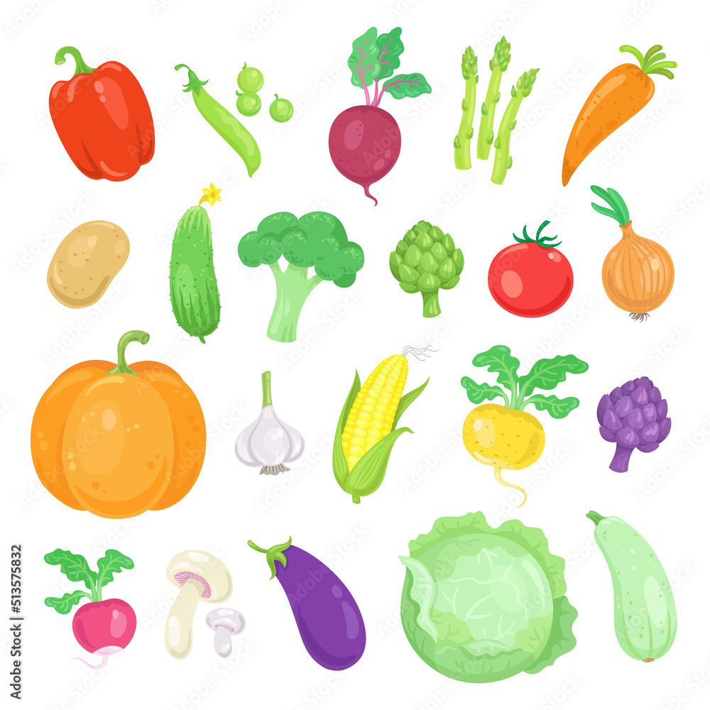 Set of colorful vegetables. In cartoon style. Isolated on white background. Vector flat illustration. Set of colorful vegetables. In cartoon style. Isolated on white background. Vector flat illustration.