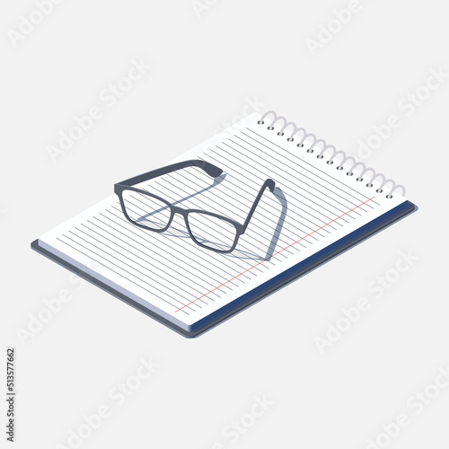 A notepad and reading glasses. EPS 10 isometric vector illustration