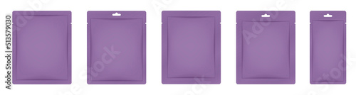 Dark purple paper sachet or pouch. Vector bags mockup, wet wipes paper or foil packs. Cosmetics samples. Moisturizing sheet face mask