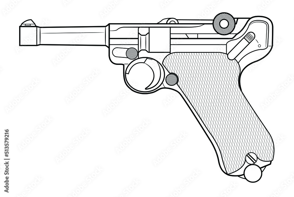 Vector illustration of the P08 Luger german automatic pistol on the white background