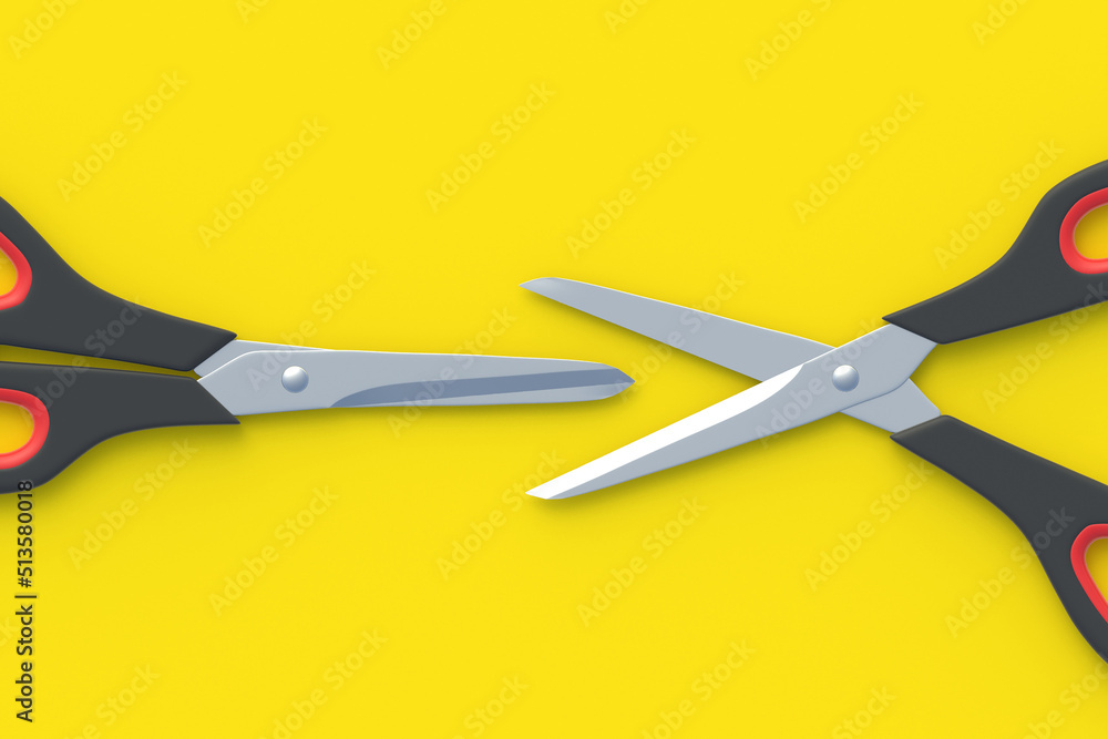 Scissors on yellow background. Barber equipment. Stationery accessories. Preschool education. 3d render Scissors on yellow background. Barber equipment. Stationery accessories. Preschool education. 3d render