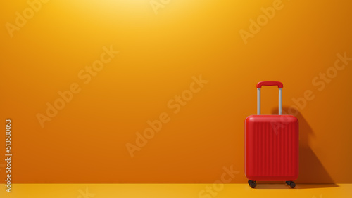 The concept of summer time, vacation, tourism. Orange suitcase of travel bags on a yellow studio background with copy space. 3d rendering