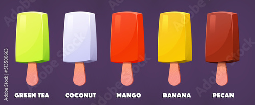 Eskimo ice cream set, green tea flavour ice cream, green coconut flavour ice cream, mango flavour ice cream, banana flavour ice cream, pecan flavour ice cream