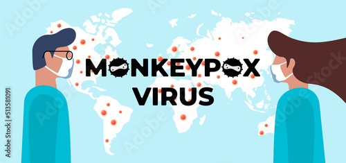 Monkeypox virus world alert attack and doctors banner concept. Monkey pox infection disease outbreak on Earth with medical staff doctor and nurse. MPV MPVX danger and public health epidemic risk. Eps photo