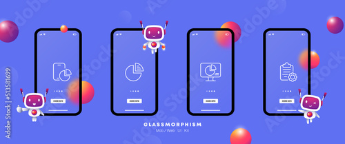 Working presentation set icon. Diagram, chart, gear, clipboard, document, display. Business concept. Glassmorphism. UI phone app screens with robots. Vector line icon for Business and Advertising