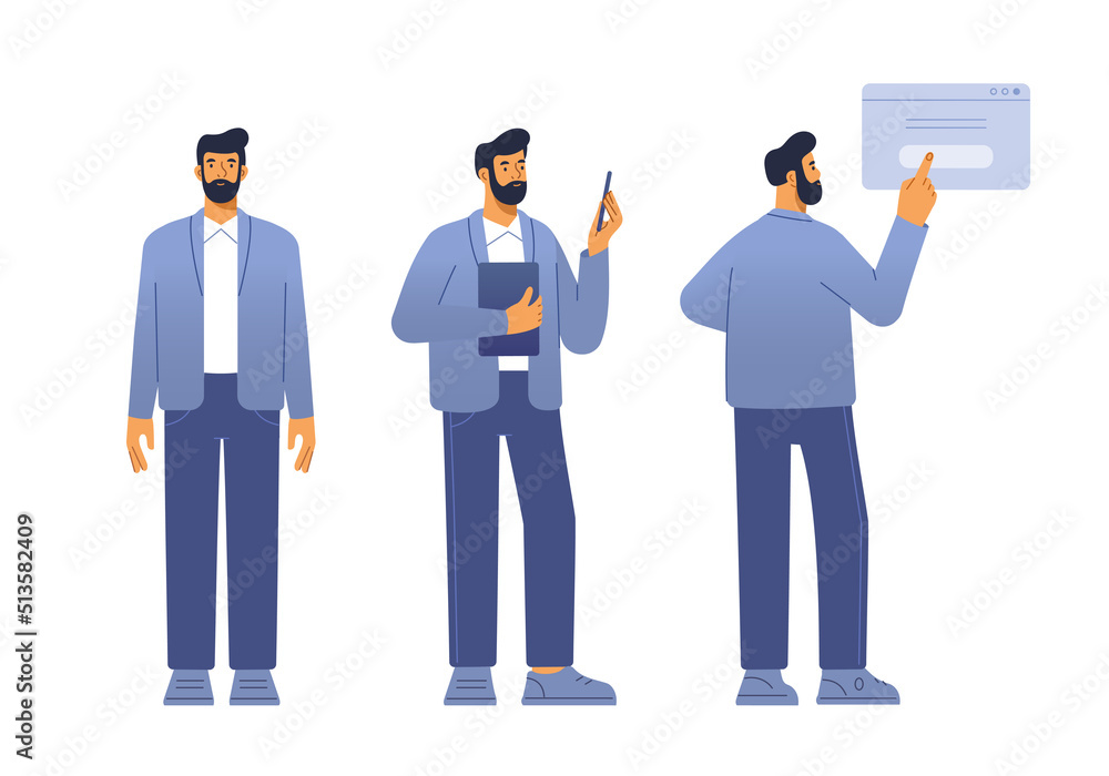 Vector illustration of a male character. Poses front, side, back. A man in a business suit is standing. Flat design, isolated on white background. Vector illustration of a male character. Poses front, side, back. A man in a business suit is standing. Flat design, isolated on white background.
