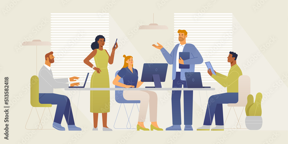 Business meeting team. People in open space coworking office concept design. Vector illustration for web banner, infographics, hero and characters images. Flat design, isolated on white background. Business meeting team. People in open space coworking office concept design. Vector illustration for web banner, infographics, hero and characters images. Flat design, isolated on white background.