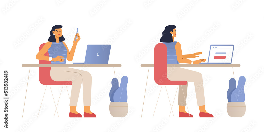 Vector illustration of a female character. A woman works at the laptop in the office. Front and back view. Flat design, isolated on white background. 