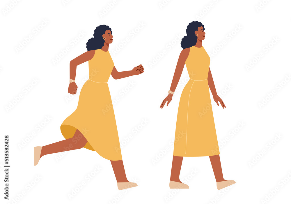 Vector illustration of a female character. Side running and walking poses  for animation. A woman in dress walks and runs. Flat design, isolated on  white background. Stock Vector | Adobe Stock