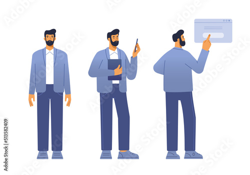 Vector illustration of a male character. Poses front, side, back. A man in a business suit is standing. Flat design, isolated on white background. 