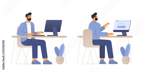 Vector illustration of a male character. Business man works at the computer in the office. Front and back view. Flat design, isolated on white background. 
