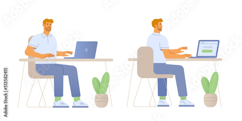 Vector illustration of a male character. A man works at the laptop in the office. Front and back view. Flat design, isolated on white background.