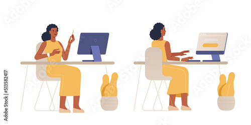 Vector illustration of a female character. Black woman works at the computer in the office. Front and back view. Flat design, isolated on white background. 